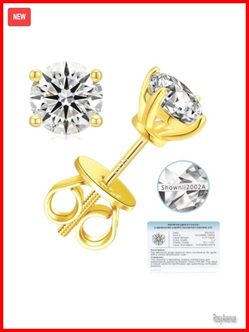 Lab-Grown Diamond Stud Earrings 14K Yellow Gold Plated S925 Silver Screw Back